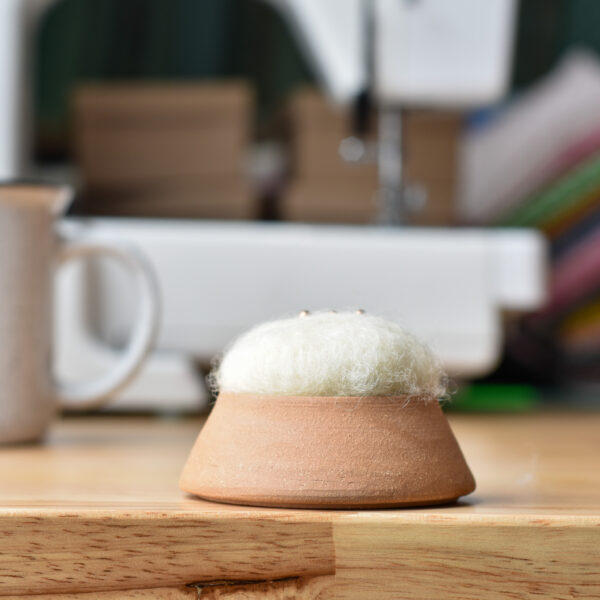 Busy Hands Studio Handmade Pincushion Hazelnut Ceramic Vessel & Local Wool White - Image 2