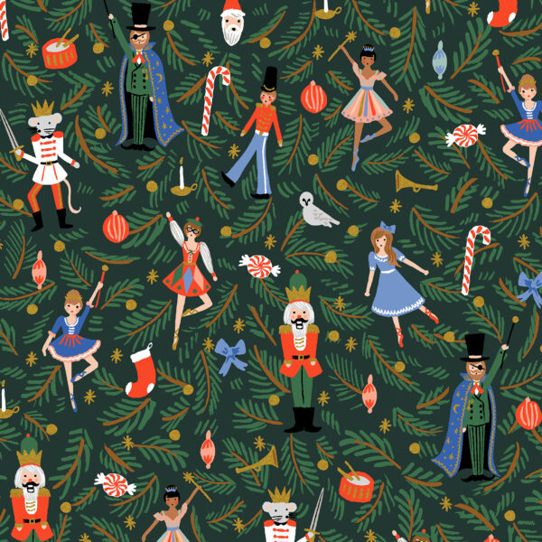 Cotton + Steel Rifle Paper Co Holiday Classics Holiday Nutcracker Metallic Canvas Evergreen