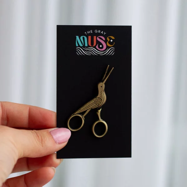 The Gray Muse Embroidery Crane Interactive Scissors Enamel Pin
