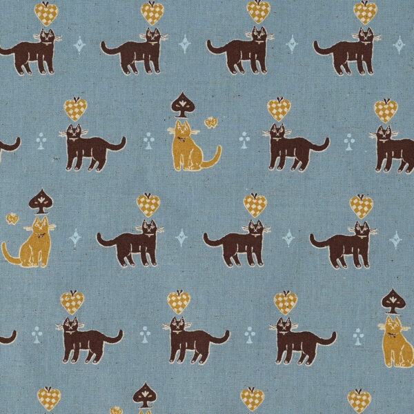 Kokka Sanae Sugimoto Cats Cotton Linen Blend Dusty Blue