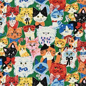 Kokka Powerful Animals Fancy Cat Parade Lightweight Canvas Kelly Green