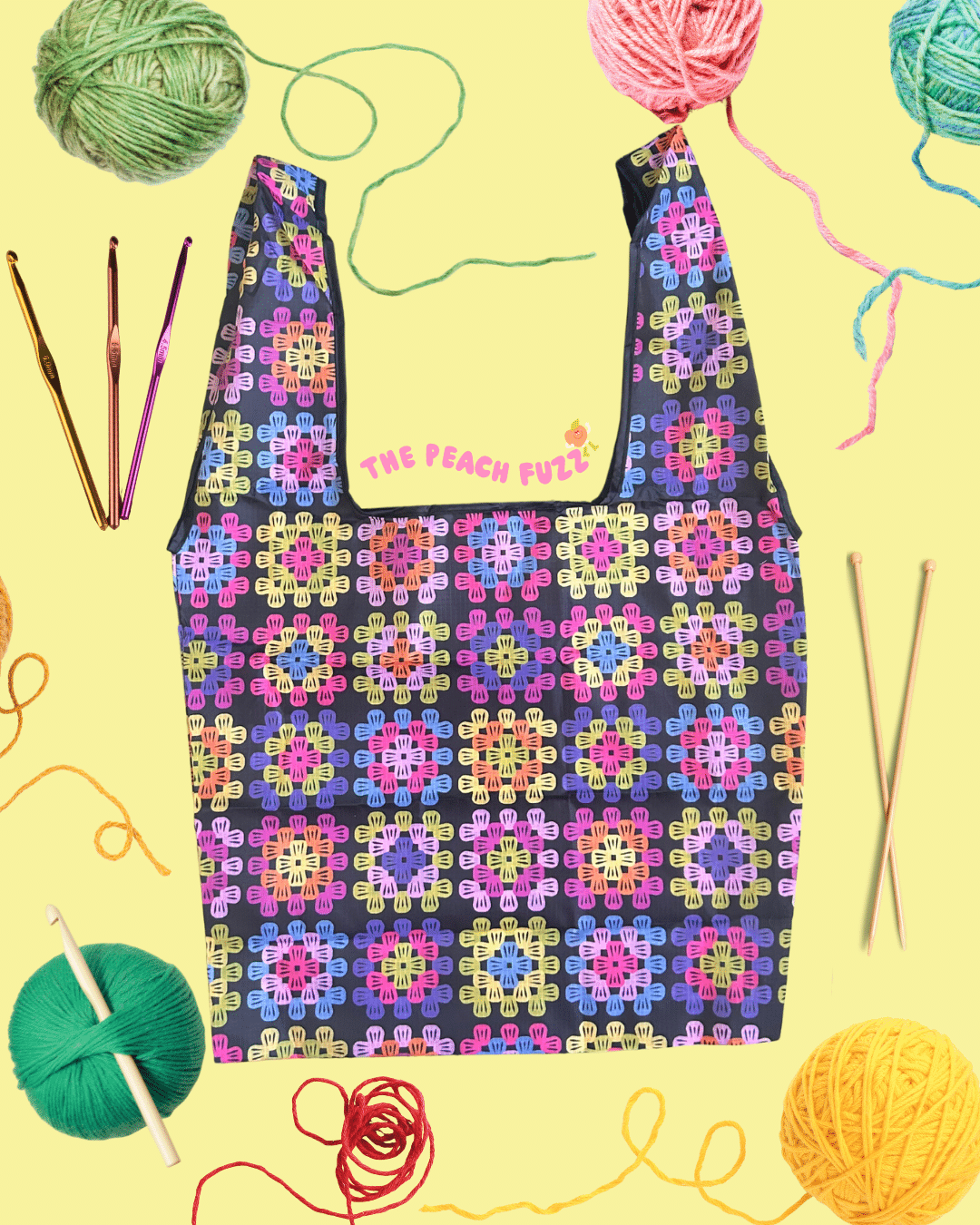 The Peach Fuzz Granny Square Folding Shopper Tote