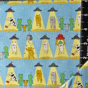 Kobayashi Aliens Abducting Kawaii Cats Cotton Linen Blue