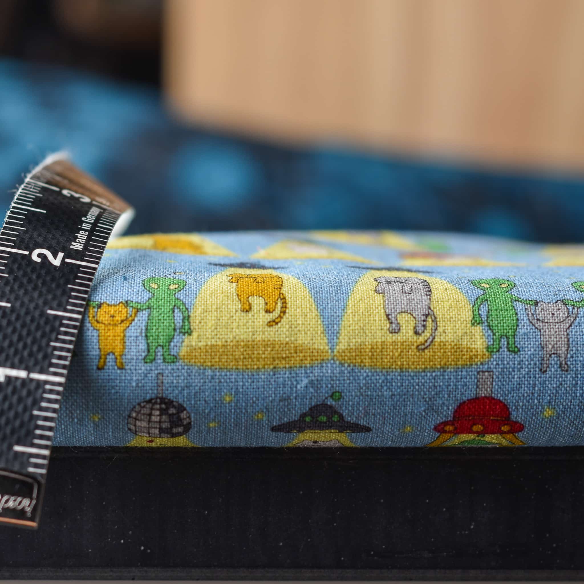Kobayashi Aliens Abducting Kawaii Cats Cotton Linen Blue - Image 2