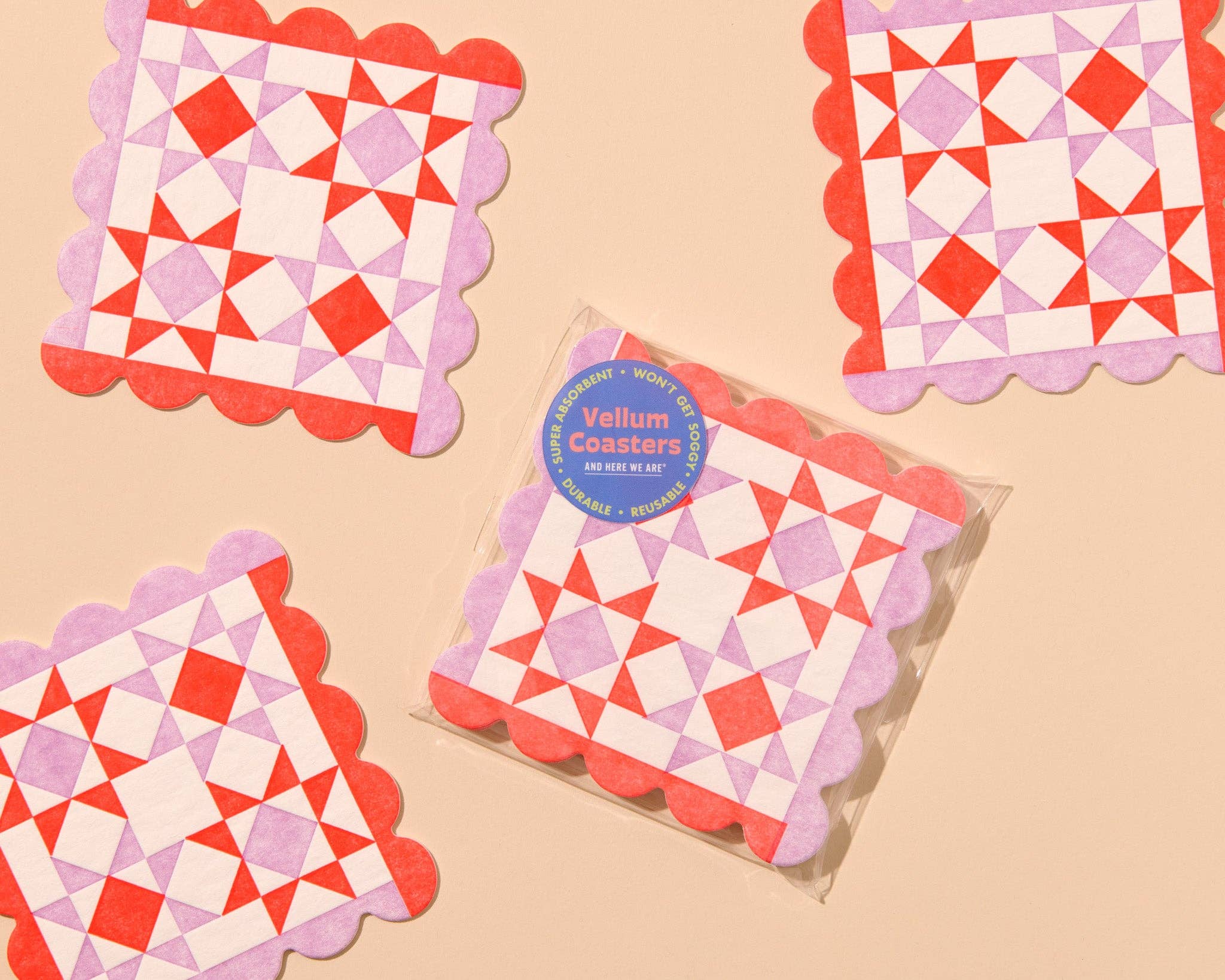 And Here We Are Mod Quilt Red/Pink Letterpress Reusable Vellum Coasters - Image 3