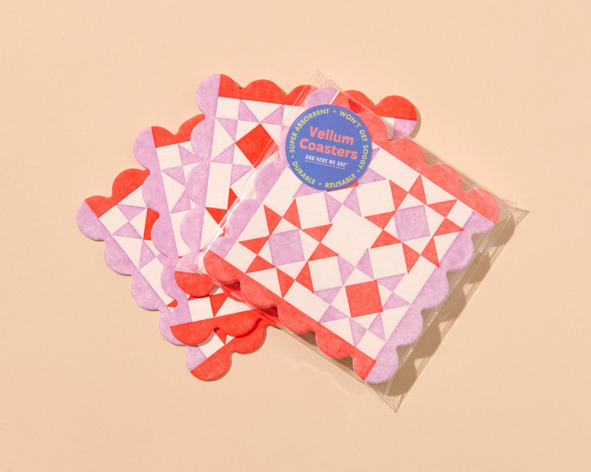 And Here We Are Mod Quilt Red/Pink Letterpress Reusable Vellum Coasters