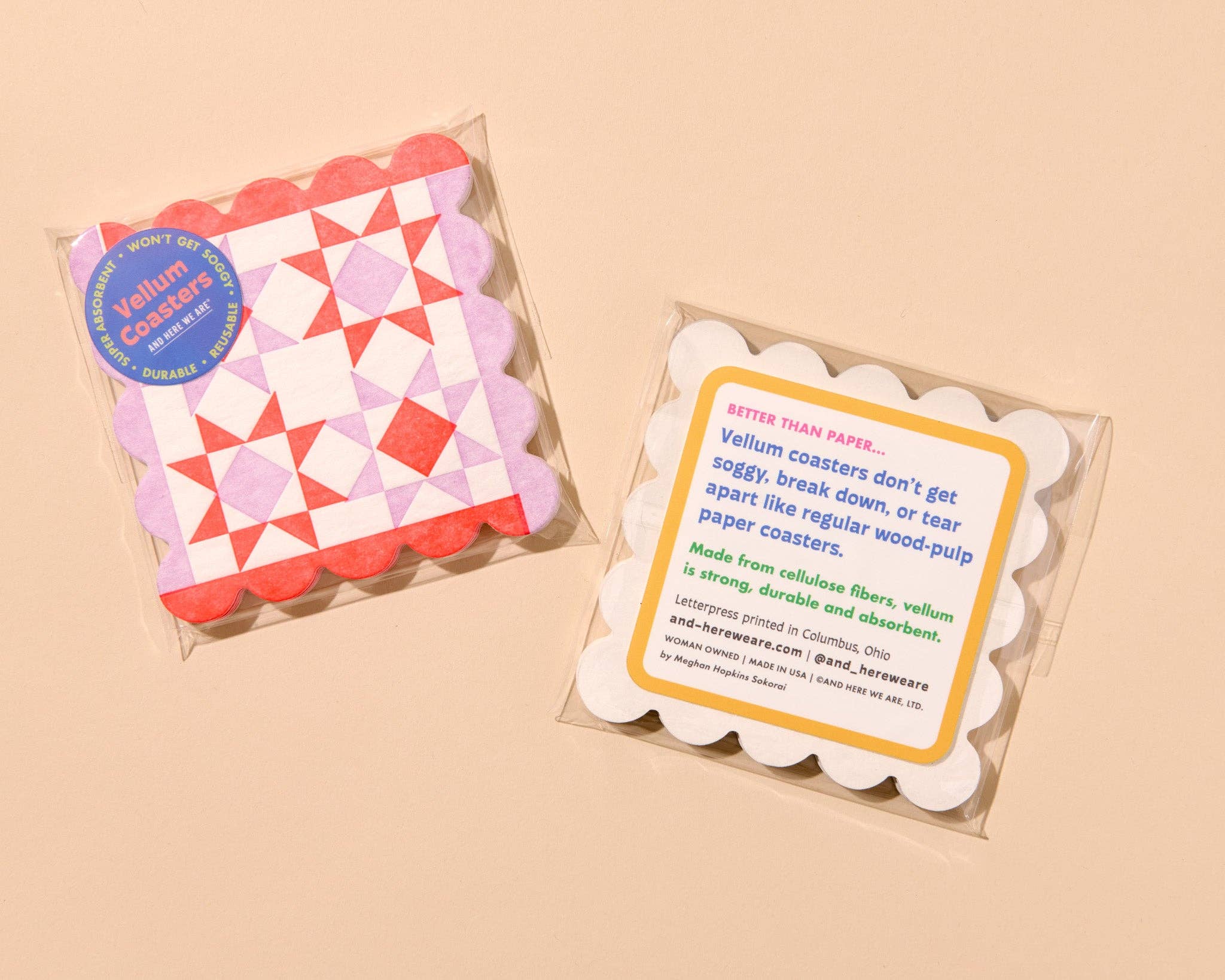 And Here We Are Mod Quilt Red/Pink Letterpress Reusable Vellum Coasters - Image 2